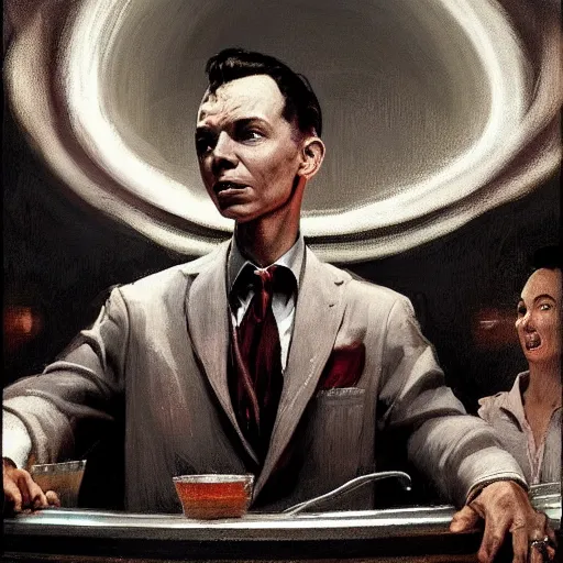 Prompt: a highly detailed epic cinematic concept art CG render digital painting artwork costume design: young Frank Sinatra as a poor 1950s bartender. volumetric lighting. By Greg Rutkowski, in the style of Francis Bacon, painted by Syd Mead, by Norman Rockwell and Beksinski, in the style of Edward Hopper and James Gilleard, Ilya Kuyshinov, WLOP, Stanley Artgerm, art by Takato Yamamoto, painted by James Jean airbrush, great attention to proper perfect anatomy, highly detailed, very coherent, triadic color scheme, realistic facial expression