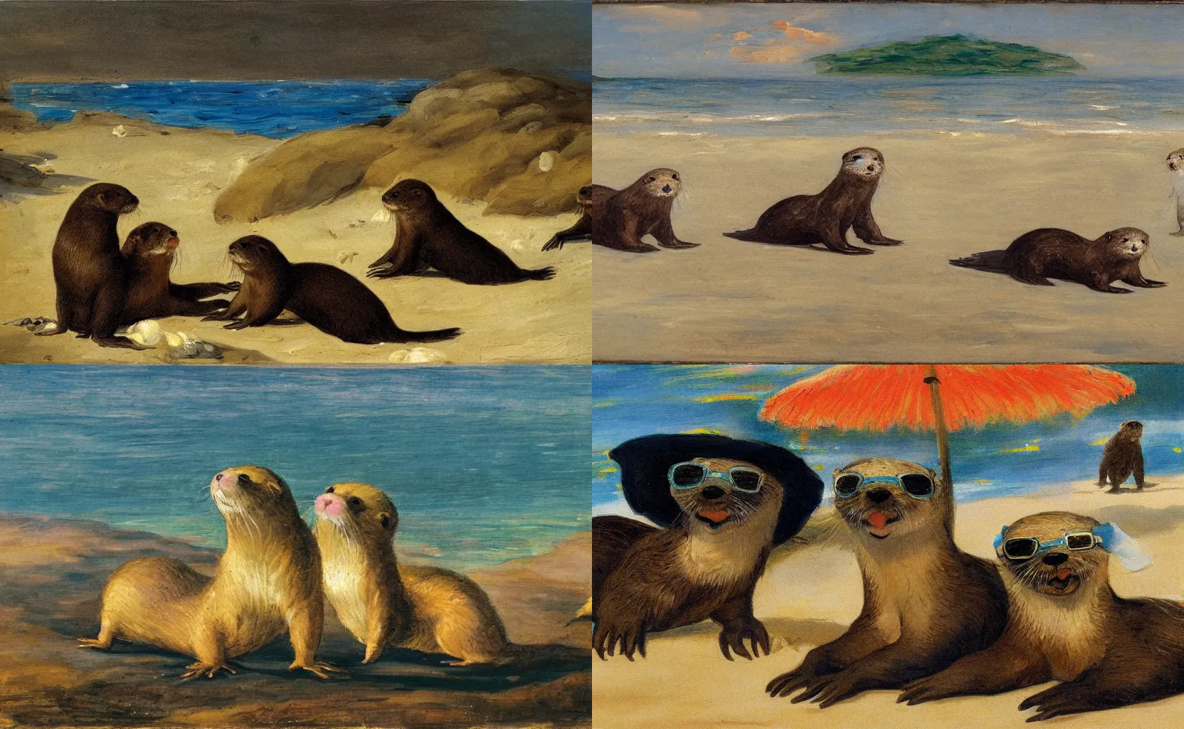 Prompt: impressionistic painting of two otters wearing sunglasses and sun hats on the beach in the style of Francisco Goya and Frans Snyders