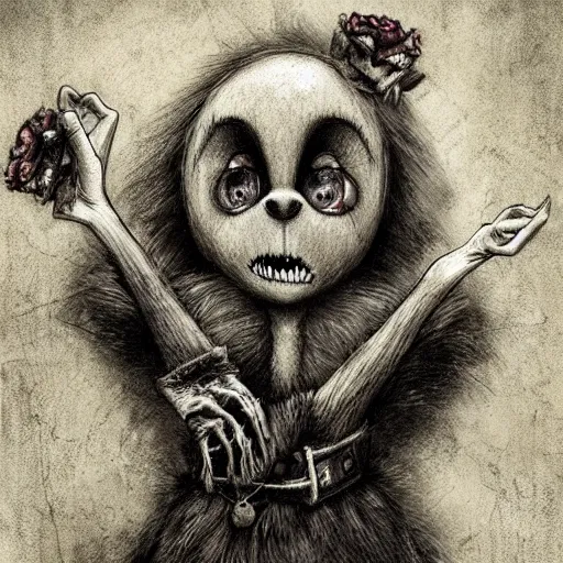 Image similar to grunge drawing of a cute teddy bear by - michael karcz , in the style of corpse bride, loony toons style, horror themed, detailed, elegant, intricate