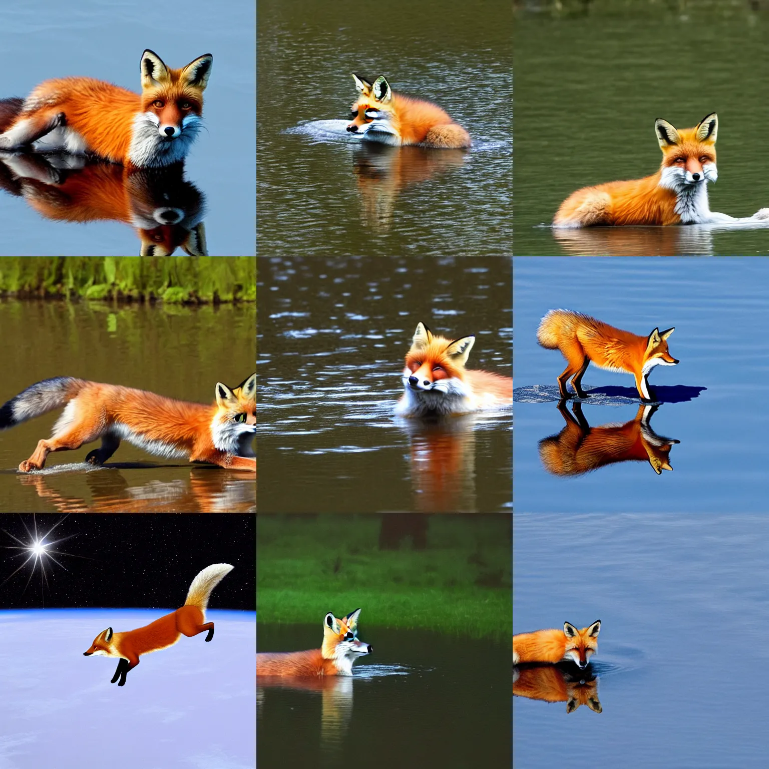 Prompt: fox floating near white crunch in meddle of space