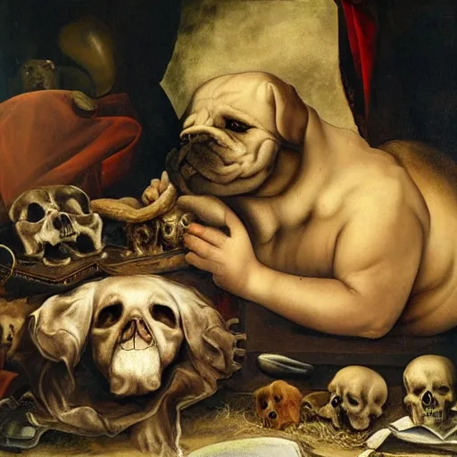 Prompt: obese dog in hell, sitting next to a human skull, renaissance painting