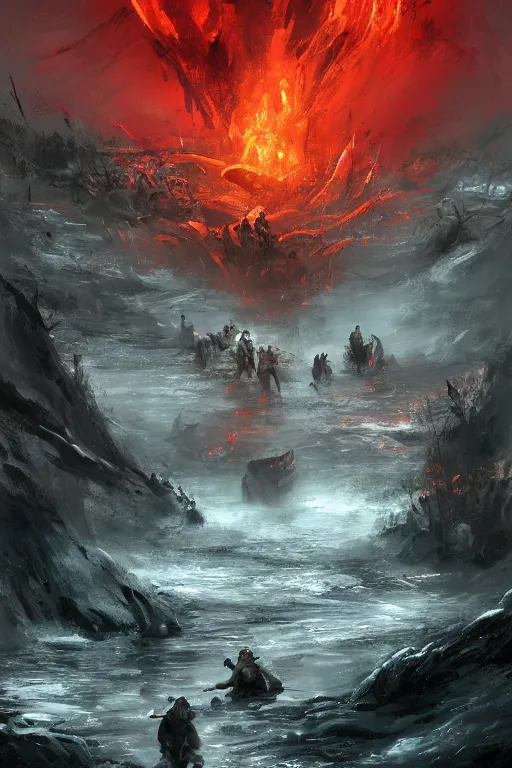 Prompt: bloody river in hell, trending on artstation