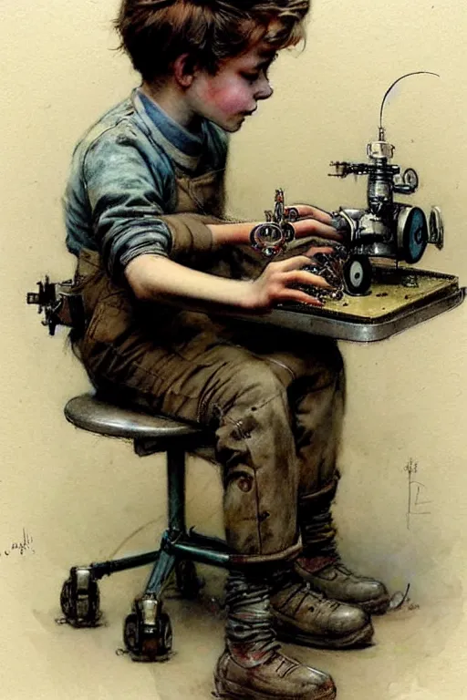 Image similar to (((((1950s a boy working on his robot . muted colors.))))) by Jean-Baptiste Monge !!!!!!!!!!!!!!!!!!!!!!!!!!!