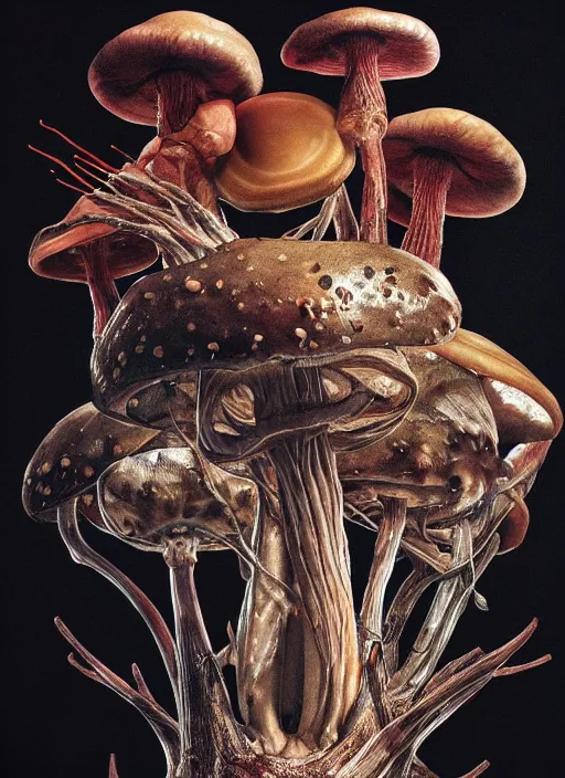 Image similar to magic mushroom with translucent skin, visible muscles and veins and arteries and bones and spines and nerves, beautiful detailed intricate insanely detailed octane render, 8k artistic photography, photorealistic, chiaroscuro, by David Cronenberg, Raphael, Caravaggio