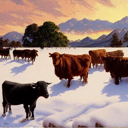 Image similar to an extremely detailed matte painting of a rancher feeding the animals at sunrise, dog, cows, sheep, chickens, ducks, 4 k, ranch the morning after a light snowfall, by bob ross and norman rockwell