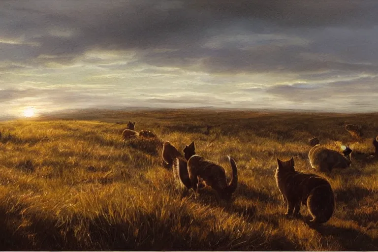 Prompt: a field moorland with a group of cats travelling, trending on artstation, by wayne mcloughlin, backlighting