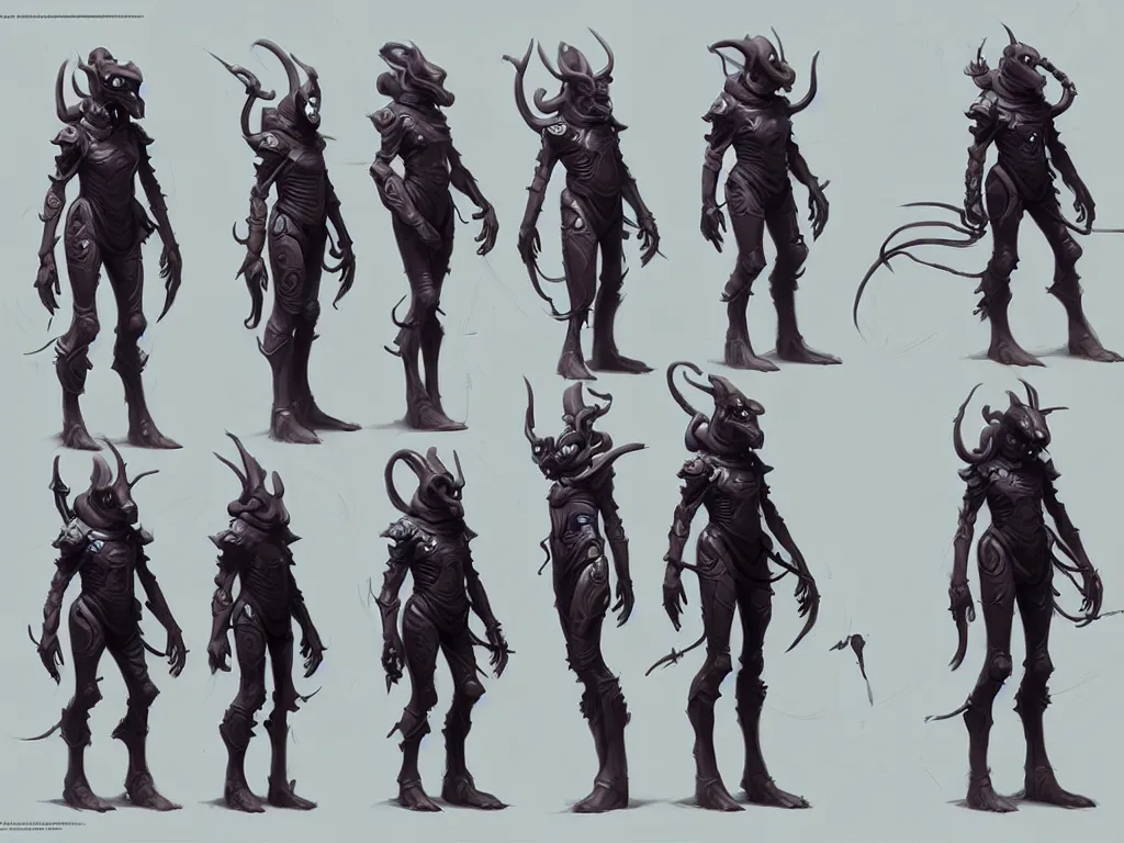 Prompt: highly detailed character design sheet for a sci - fi alien cavalry, peter mohrbacher, artstation, dark fantastic, game assets, unreal engine, unity, concept art