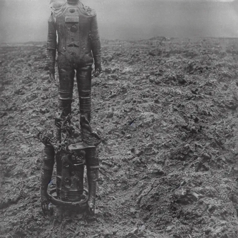 Prompt: A daguerreotype photo of mark V deep sea diving suit standing on a WWI battlefield, mud, craters, dead trees, desolate, smoky