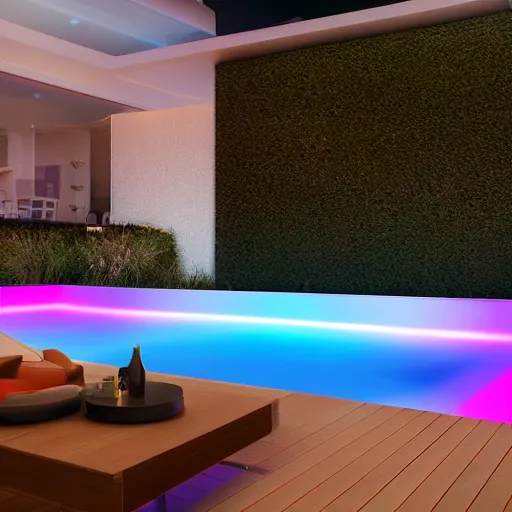 Image similar to philips hue led strip lighting, swiming pool, scene, colourful, 8 k, unreal engine, realistic, house and home, luxury,