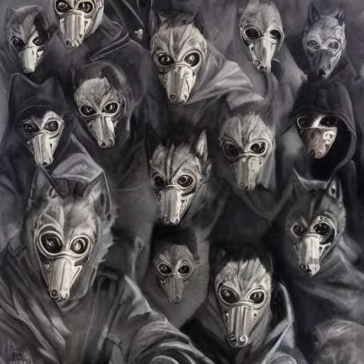 Image similar to detailed details photorealistic wolfs gang photo group, most of them using wolf mask, other using grey bandana and gas mask, theyre with grey hoodie and dominant gray black color in the style of bob peak and alex ross, gouache and wash paints color, detailed details facial and body and human and environments and proportionate, detailed 5 k details.