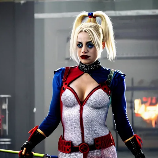 Image similar to A still of Kaley Cuoco as Harley Quinn