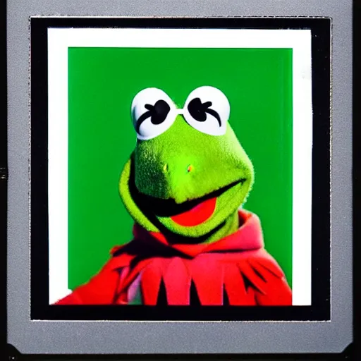 Prompt: Kermit the frog wearing a mohawk, polaroid photo, instax, white frame, by Warhol,