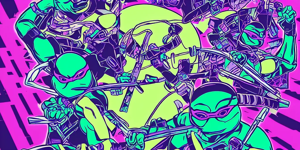 Image similar to vaporwave, vector graphics, teenage mutant ninja turtles, synthwave, nyc, neon, portrait, closeups