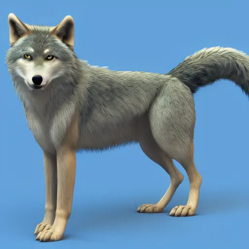 Prompt: 3 d render, well toned, female anthro wolf, blue fur with white spots.