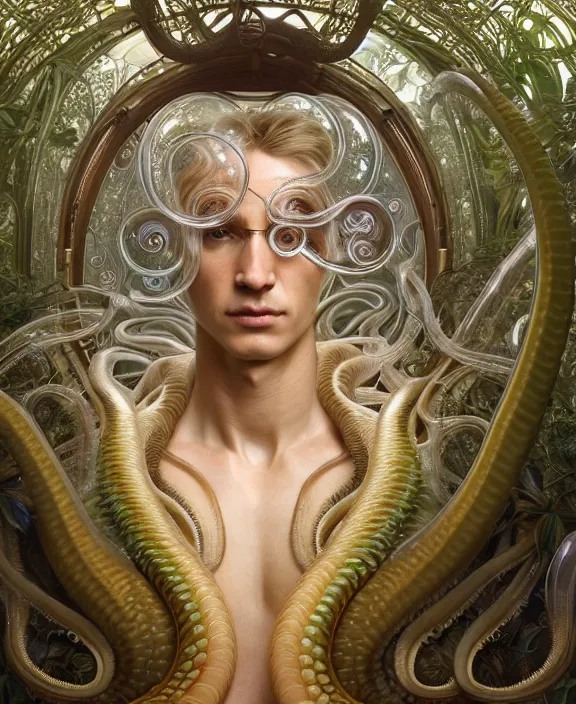 Image similar to intricate ornate opulent transparent clear see - through portrait of a horrific beautiful male human nautilus snake, adorable, childlike, overgrown biopunk jungle environment, ultra realistic, concept art, art nouveau, photorealistic, octane render, 8 k, unreal engine. art by christopher marley and artgerm and greg rutkowski and alphonse mucha