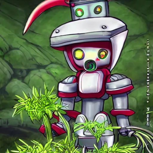 Image similar to cute robot made of plants wearing tomato hat and a chive sword, made in abyss style