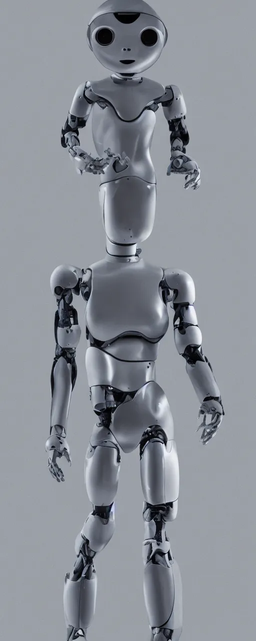 Image similar to a very realistic and high detailed portrait of a humanoid robot in human body form standing in front white background