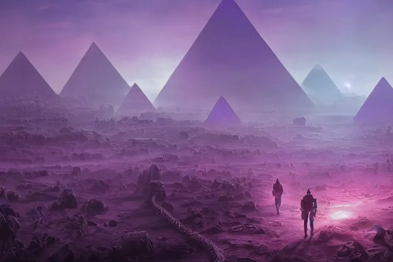 Image similar to An Eldritch Organic Dystopian Empire of The Void made of eyeballs and tentacles, Purple and Blue colored, 4k, Pyramids. masterpiece, cinematic, glowing, by Greg Rutkowski, Trending on Artstation, Behance. Polished, Volumetric Lighting