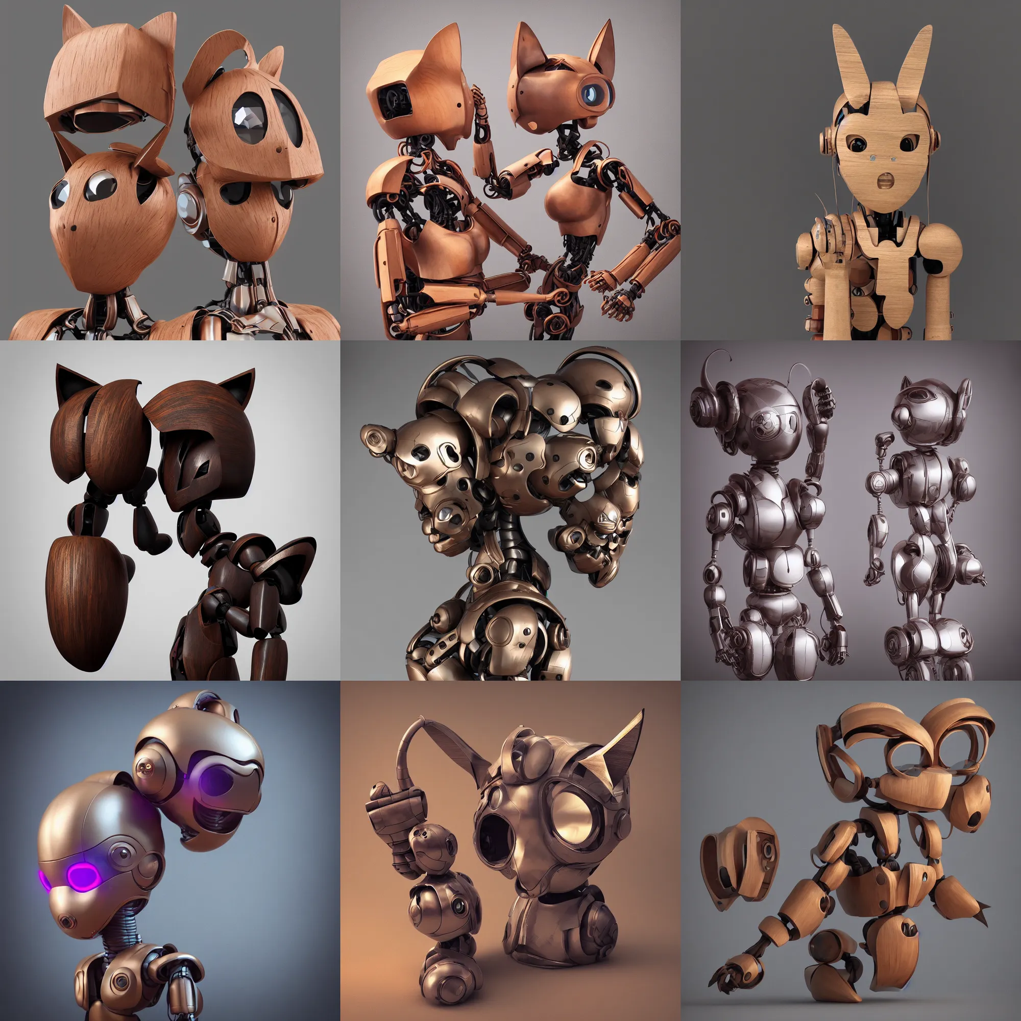 Prompt: 3 d octane render ultra photo realistic, sculpture wooden carving cute robot piedestal cat ears cyberpunk popart collection contemporaryart