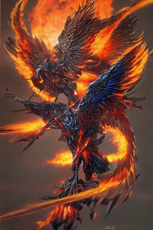 Image similar to a phoenix flies and burns everything in its path by Noriyoshi Ohrai, highly detailed, trending on artstation