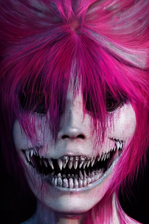 Prompt: portrait of a melting punk girl pink hair . razor sharp teeth. intricate abstract. intricate artwork. nightmare fuel. terrifying. by Tooth Wu, wlop, beeple, dan mumford. octane render, trending on artstation, greg rutkowski very coherent symmetrical artwork. cinematic, hyper realism, high detail, octane render, 8k, iridescent accents