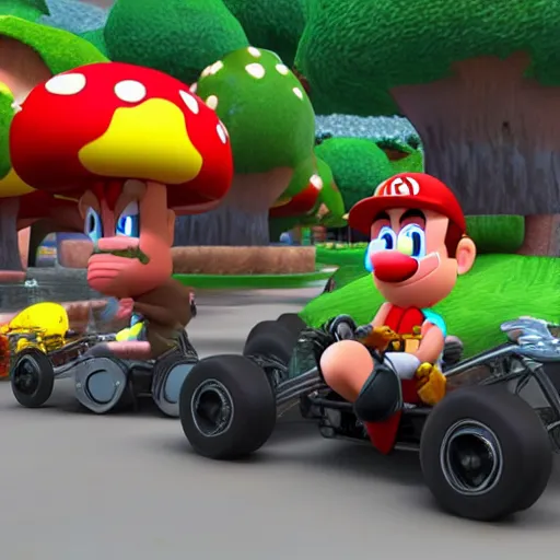 Image similar to cinematic shot of James Hetfield driving a go-kart in the mushroom kingdom, 8k, highly detailed,