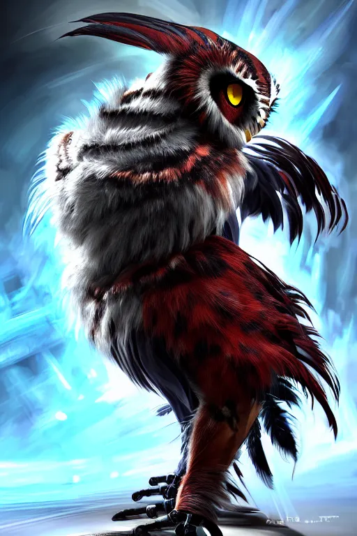 Image similar to Tekken 4 fighter anime Stunning Portrait Robot Owl with feathers all over its body, he salutes to the owl flag, short black feathers with a samurai sword on its back, in a saluting stance, digital painting, artstation, concept art, soft light, hdri, smooth, sharp focus, illustration, art by tian zi, craig mullins, Mark Arian, WLOP, alphonse mucha