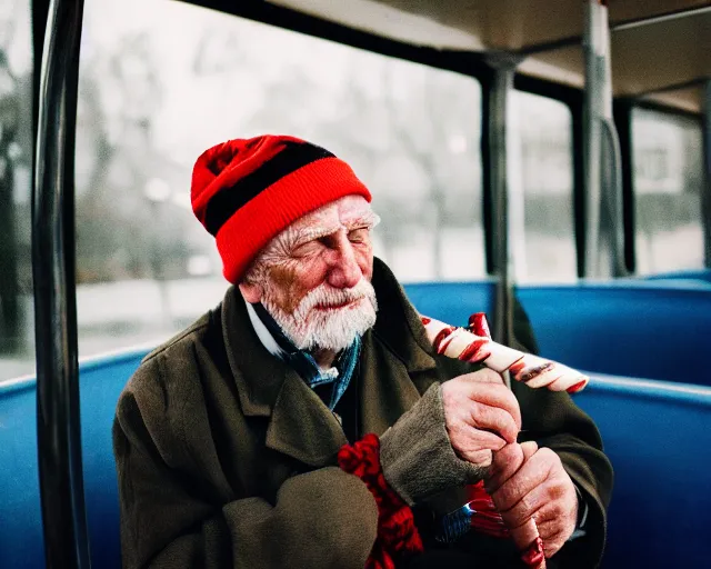 Image similar to an old man on a city bus holding a candy cane, portra 4 0 0 candid photograph portrait by annie leibovtz, 3 5 mm shot, f / 3 2, hyperrealistic, cinematic lighting, hd wallpaper, 8 k, 4 k