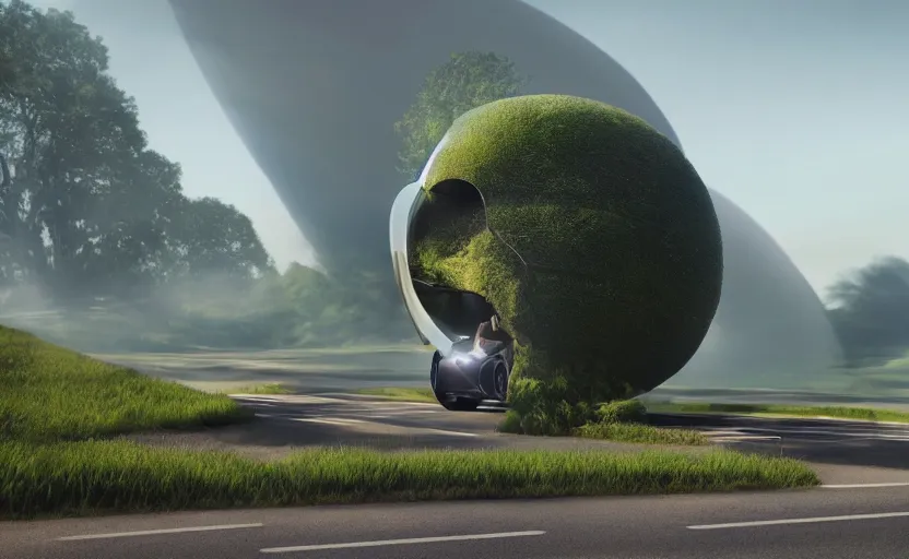 Prompt: a spherical car driving down the road, t - rex and humans dancing in the background, smoky, green hills, many interstellar plants, futuristic concept design, airy landscape, high detail rendering by octane, unreal engine, 8 k, cinematic grade.