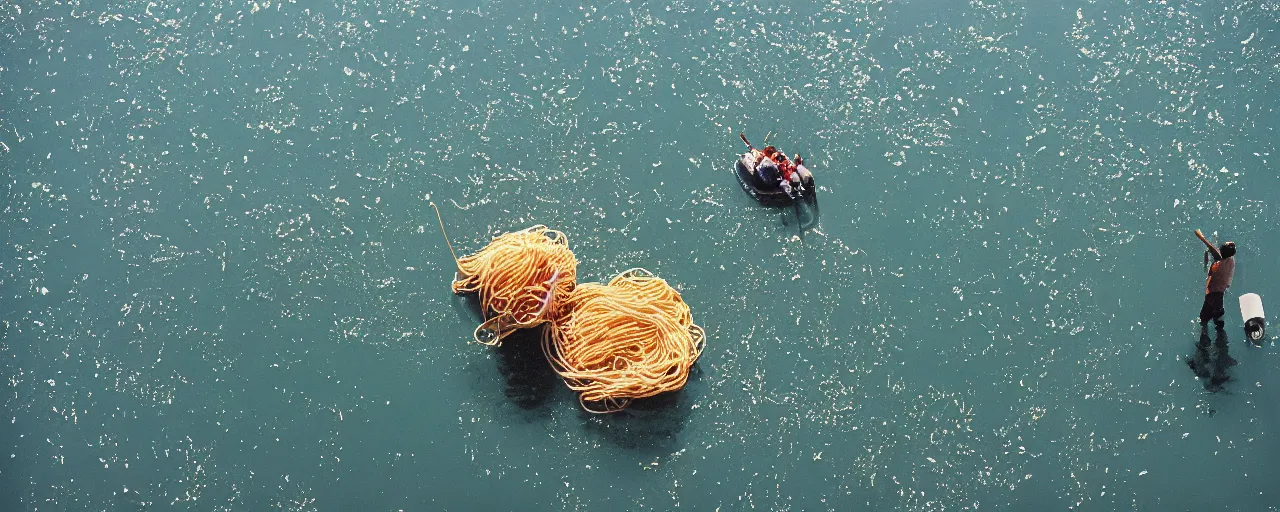 Image similar to spaghetti floating on the surface of the ocean, fisherman in the background, small details, intricate, sharply focused, canon 5 0 mm, wes anderson film, kodachrome