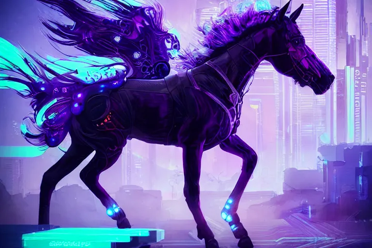 Image similar to a stunning cyberpunk horse with bioluminescent mane and tail by sandra chevrier and greg rutkowski, neon hooves, purple blue color scheme, vaporware, retro, outrun, high key lighting, volumetric light, digital art, highly detailed, fine detail, intricate, ornate, complex, octane render, unreal engine, photorealistic