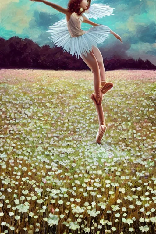 Image similar to giant white daisy flower as head, girl ballet dancing in a flower field, surreal photography, sunrise, dramatic light, impressionist painting, colorful clouds, digital painting, artstation, simon stalenhag