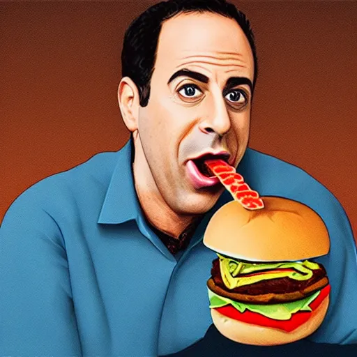 Prompt: hyper realistic portrait of jerry seinfeld eating a disgustingly juicy hamburger