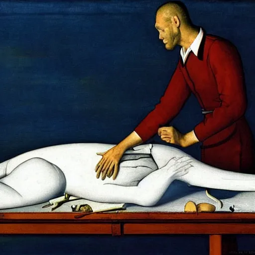 Prompt: A large rabbit performing an autopsy on a man lying on a metal table, painting by Rockwell Kent