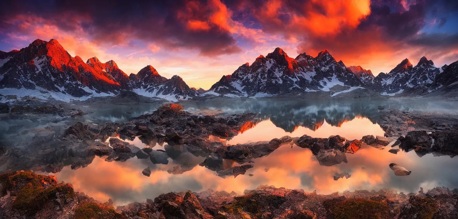 Image similar to amazing landscape photo of mountains with lake in sunset by marc adamus, beautiful dramatic lighting