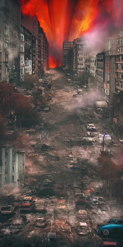 Image similar to post - apocalyptic kreuzberg streets covered in colorful smoke, burned cars, explosions, hyperrealistic, gritty, damaged, dark, urban photography, photorealistic, high details