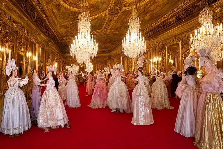 Image similar to in the versailles hall of mirrors, queen marie - antoinette dances in the foreground with her ladies - in - waiting at a venician masked ball. all high ladies are dressed in opulent robes embroidered with glittering sequins. the hall of mirrors features ornate crystal chandeliers with glowing candles and golden ornaments. photorealism red velvet curtains on the windows with night lights outside