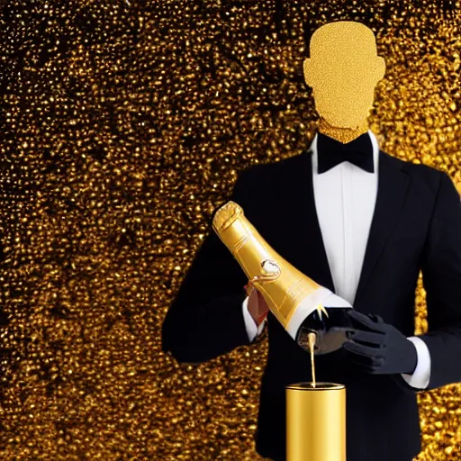 Image similar to handsome beautiful humanoid male robot with wavy dark hair holding gold bottle of champagne, elegant, red lighting, realistic, smooth, gold confetti background,