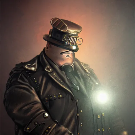 Image similar to steampunk cyberpunk fat soviet policeman, fog, darkness, evil, magic the gathering artwork, D&D, fantasy, cinematic lighting, centered, symmetrical, highly detailed, digital painting, artstation, concept art, smooth, sharp focus, illustration, volumetric lighting, epic Composition, 8k, art by Akihiko Yoshida and Greg Rutkowski and Craig Mullins, oil painting, cgsociety