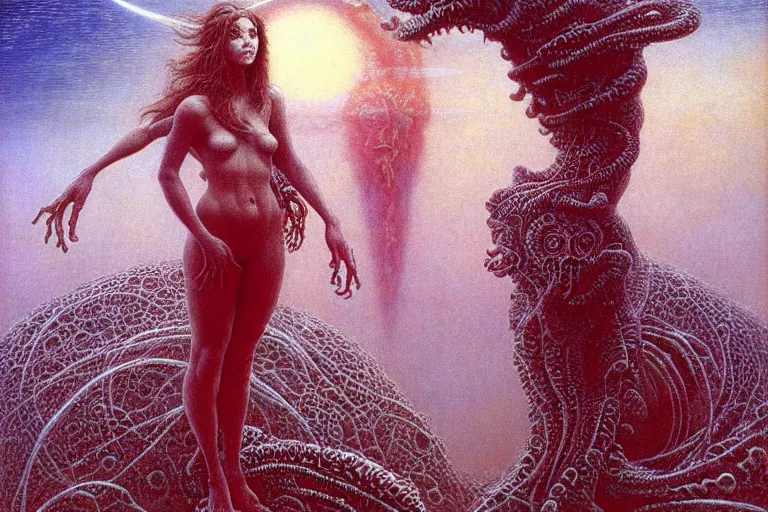 Image similar to cute young alyson hannigan with short hairs on lovecraftian planet by jean delville by luis royo and wayne barlowe, beksinski