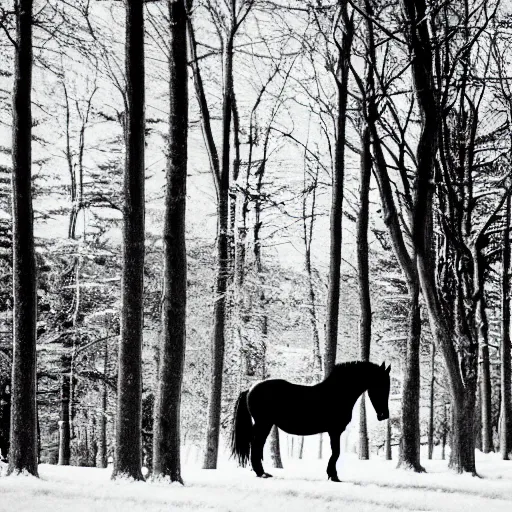 Image similar to Medieval princess in vintage cloak cape riding a black wild horse in distance. Background green trees spruce forest, spring winter nature melted snow , Kodak TRI-X 400, melancholic