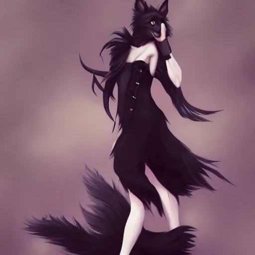 Image similar to wide angle beautiful full body portrait of a strong male anthropomorphic anthro border collie fursona wearing a black dress, character design by charlie bowater, henry asencio, and ross tran, furry art, furaffinity, beautiful, glamor pose, detailed, aesthetic, trending on artstation