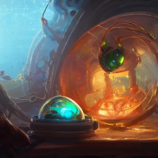 Prompt: high-tech egg made of glass containing a baby creature inside, artificial belly with wires made of glass, liquids, dan experiment, bright art masterpiece artstation. 8k, sharp high quality artwork in style of Jose Daniel Cabrera Pena and Greg Rutkowski, golden theme, concept art by Tooth Wu, blizzard warcraft artwork, hearthstone card game artwork