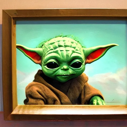 Prompt: painting of a cute baby yoda in the wilderness, in the style of a naturalist painter,