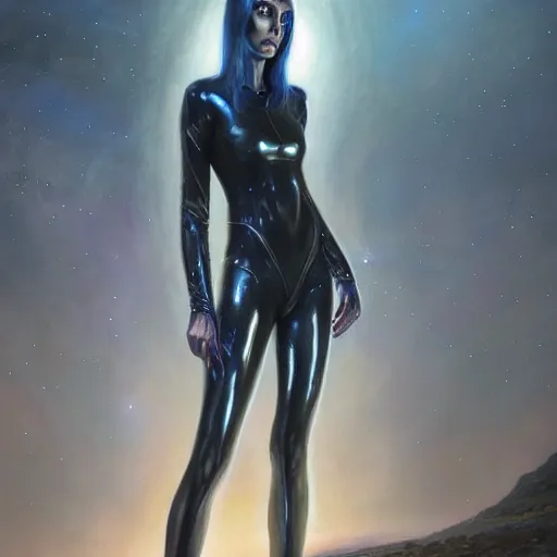 Image similar to pleiadian woman with big eyes and long silver hair wearing a dark body suit and wielding a plasma gun as a realistic sci fi character, portrait art by donato giancola and greg rutkowski, digital art, trending on artstation, standing in a barren field