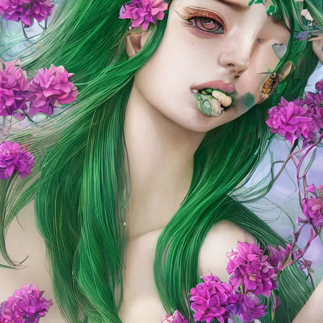 Image similar to an absurdly beautiful, elegant, young hypercolorful sensual gravure idol partially made up of emeralds and green petals, ultrafine hyperrealistic detailed face illustration by kim jung gi, irakli nadar, intricate linework, sharp focus, bright colors, matte, octopath traveler, final fantasy, unreal engine highly rendered, global illumination, radiant light, intricate environment