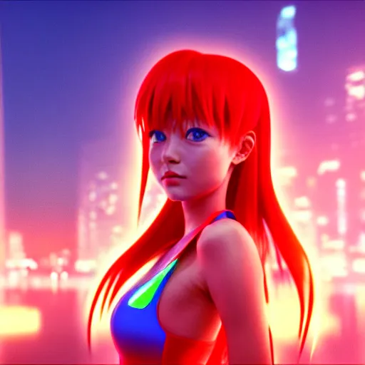 Prompt: asuka langley in a neon city, octane render 8 k, photorealistic render, atmospheric render, beautiful face, cute, realistic skin, redshift render, realistic reflections