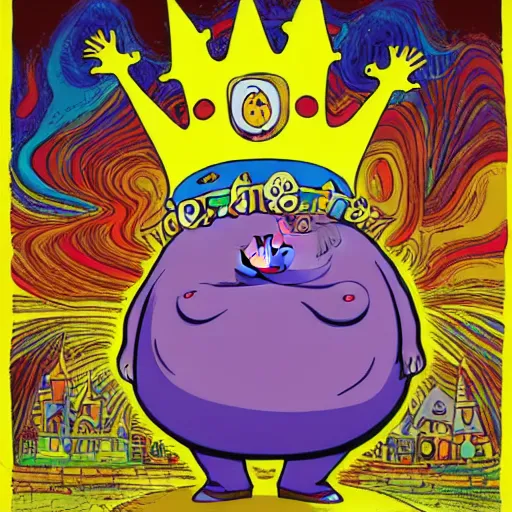 Image similar to trippy comic art of a obese pig wearing a gold crown holding a bottle, drawn by Martin Rowson, Tim Burton, Studio Ghibli, Alex Pardee, Nekro Petros Afshar, James McDermott, colors by lisa frank, unstirred paint, vivid color, cgsociety 4K