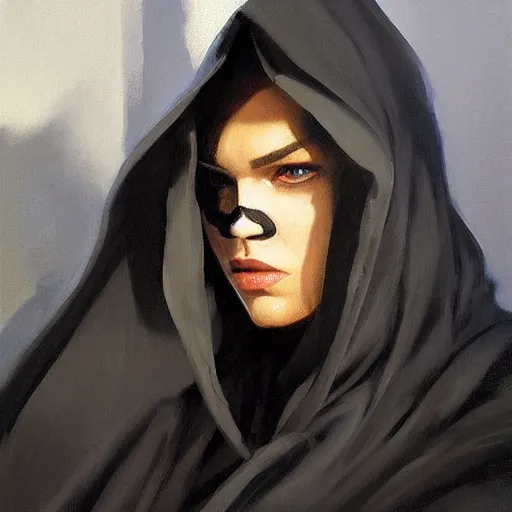 Prompt: greg manchess portrait painting of death in a black hooded cape looking at a smart phone overwatch character, medium shot, asymmetrical, profile picture, organic painting, sunny day, matte painting, bold shapes, hard edges, street art, trending on artstation, by huang guangjian and gil elvgren and sachin teng and phil hale