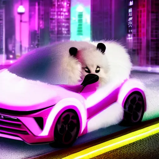 Prompt: a fluffy roadster covered with white fur and in the style of a panda, parking in the street, Cyberpunk, neon light, 4k, hd, highly detailed, full body view